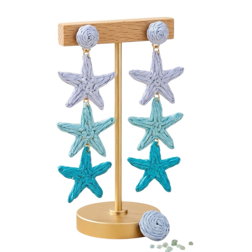 Raffia Starfish Tiered Dangle Earrings | Blue Ombre Boho Beach Tropical NWT
C3 - Picture 2 of 6